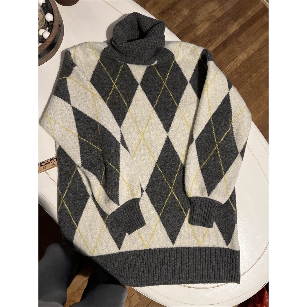 Pringle Scotland H&M Argyle Turtleneck Sweater‎ Gray Cream Women Small Oversized